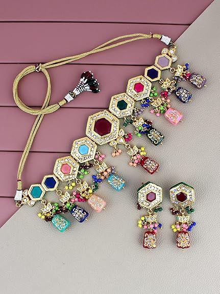Tehzeeb Creations Back Meenakari Gold-Polished MultiColor Tika Earring Jewellery Set Uncut Kundan Choker Necklace Set | Grocsy