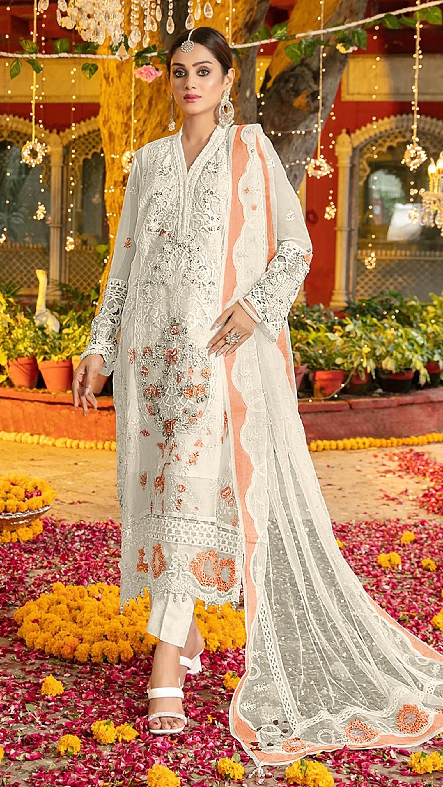 Anaita White & Peach Chiffon Suit with Embroidery & Sequence Work | Grocsy