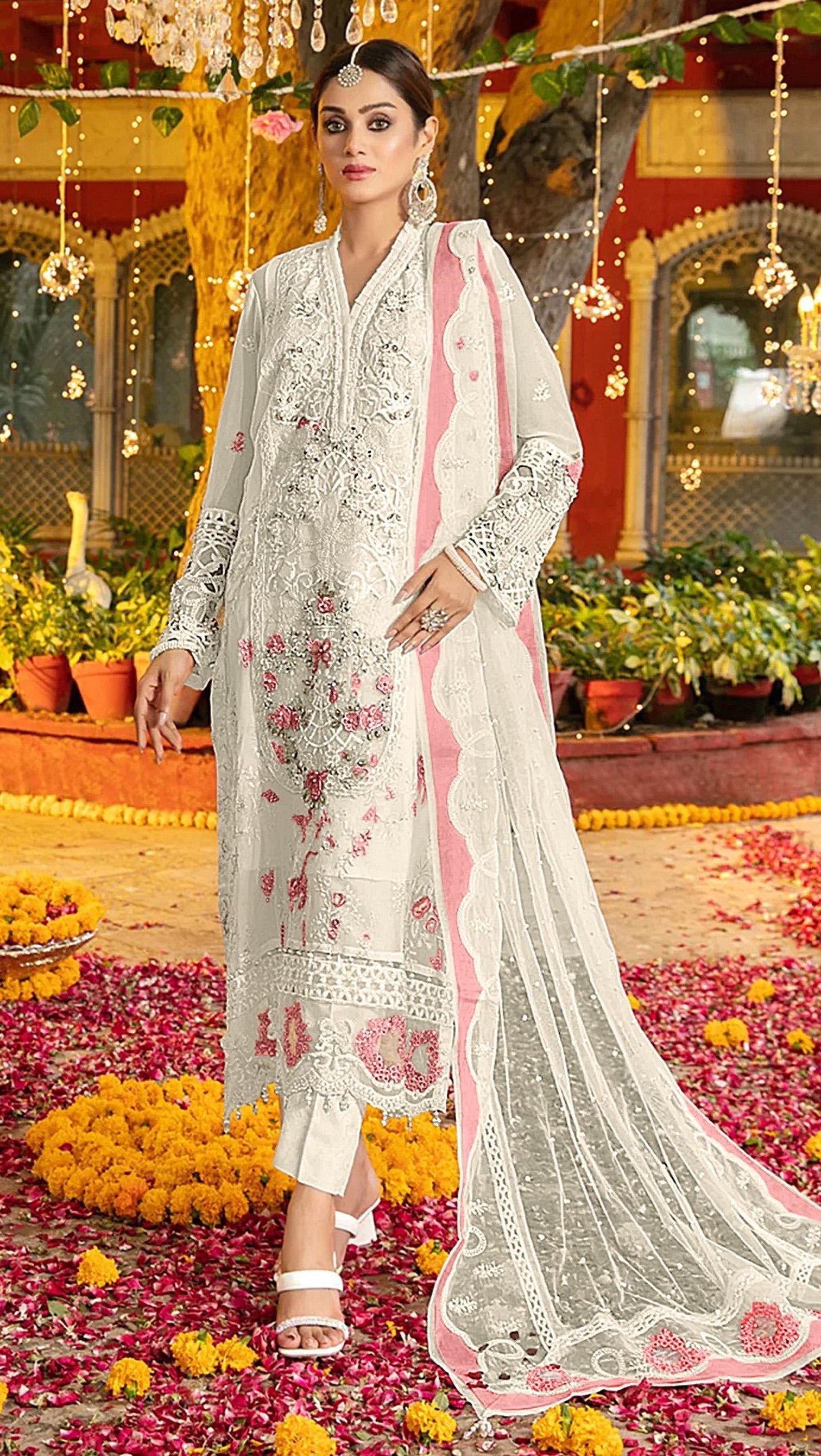 Anaita White & Pink Chiffon Suit with Embroidery & Sequence Work | Grocsy