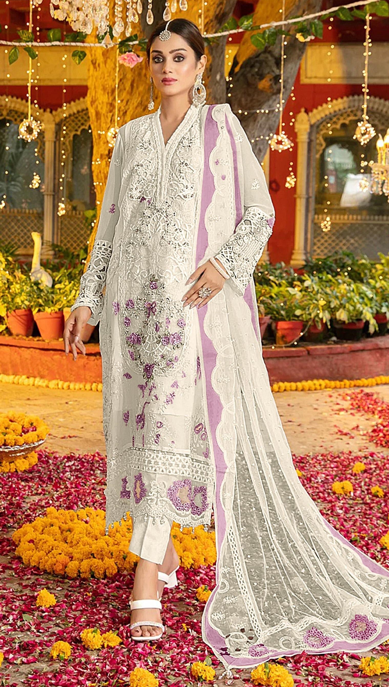 Anaita White & Purple Chiffon Suit with Embroidery & Sequence Work | Grocsy