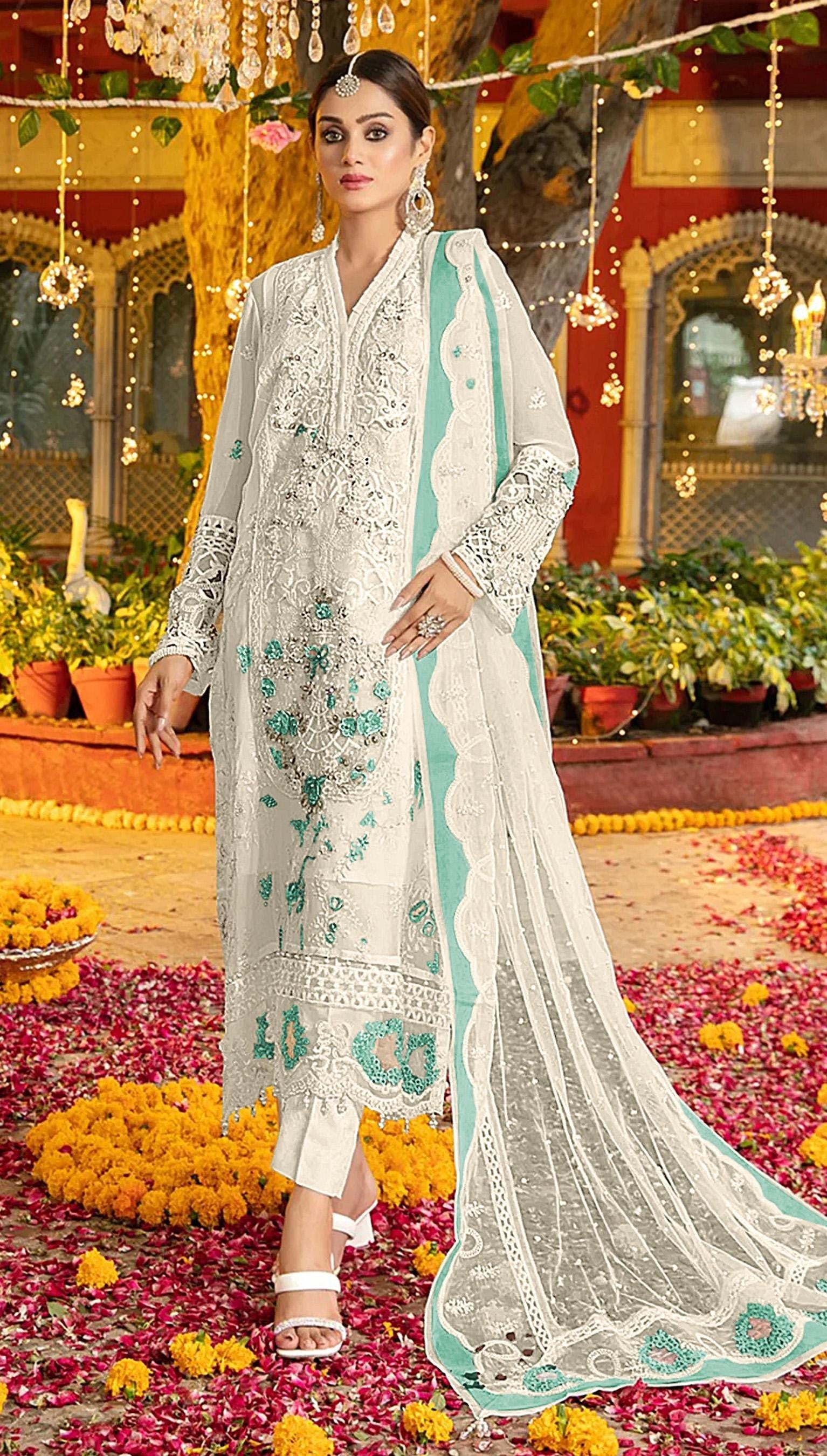Anaita White & Blue Chiffon Suit with Embroidery & Sequence Work | Grocsy