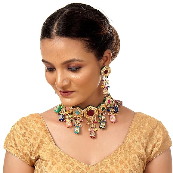 Tehzeeb Creations Back Meenakari Gold-Polished MultiColor Tika Earring Jewellery Set Uncut Kundan Choker Necklace Set | Grocsy