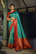 Vardha Beautiful Turquoise Blue Golden Zari Kanjeevaram Silk Saree | Grocsy