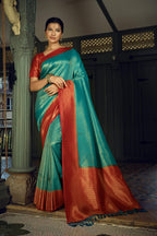 Vardha Beautiful Turquoise Blue Golden Zari Kanjeevaram Silk Saree | Grocsy