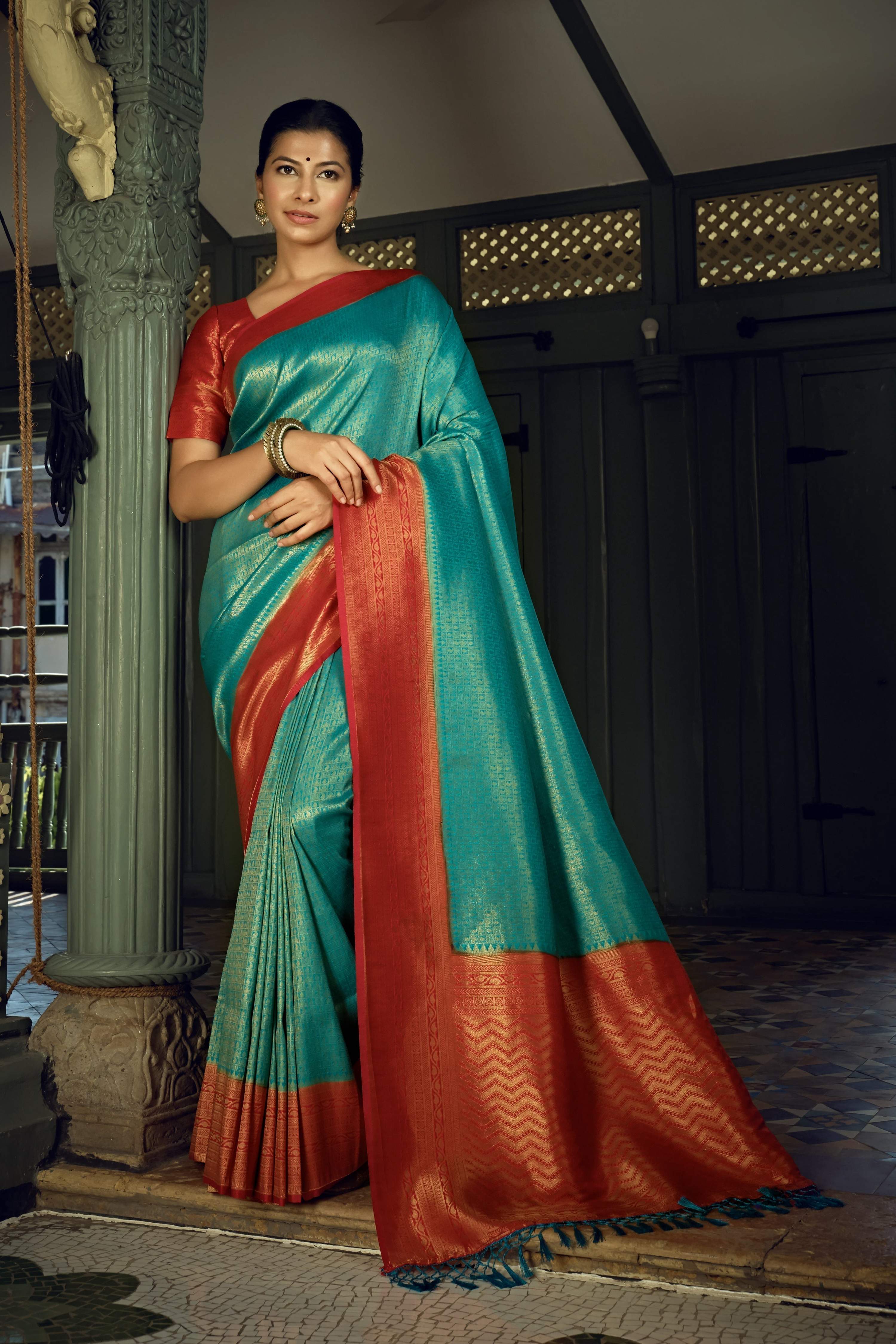 Vardha Beautiful Turquoise Blue Golden Zari Kanjeevaram Silk Saree | Grocsy