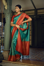 Vardha Beautiful Turquoise Blue Golden Zari Kanjeevaram Silk Saree | Grocsy