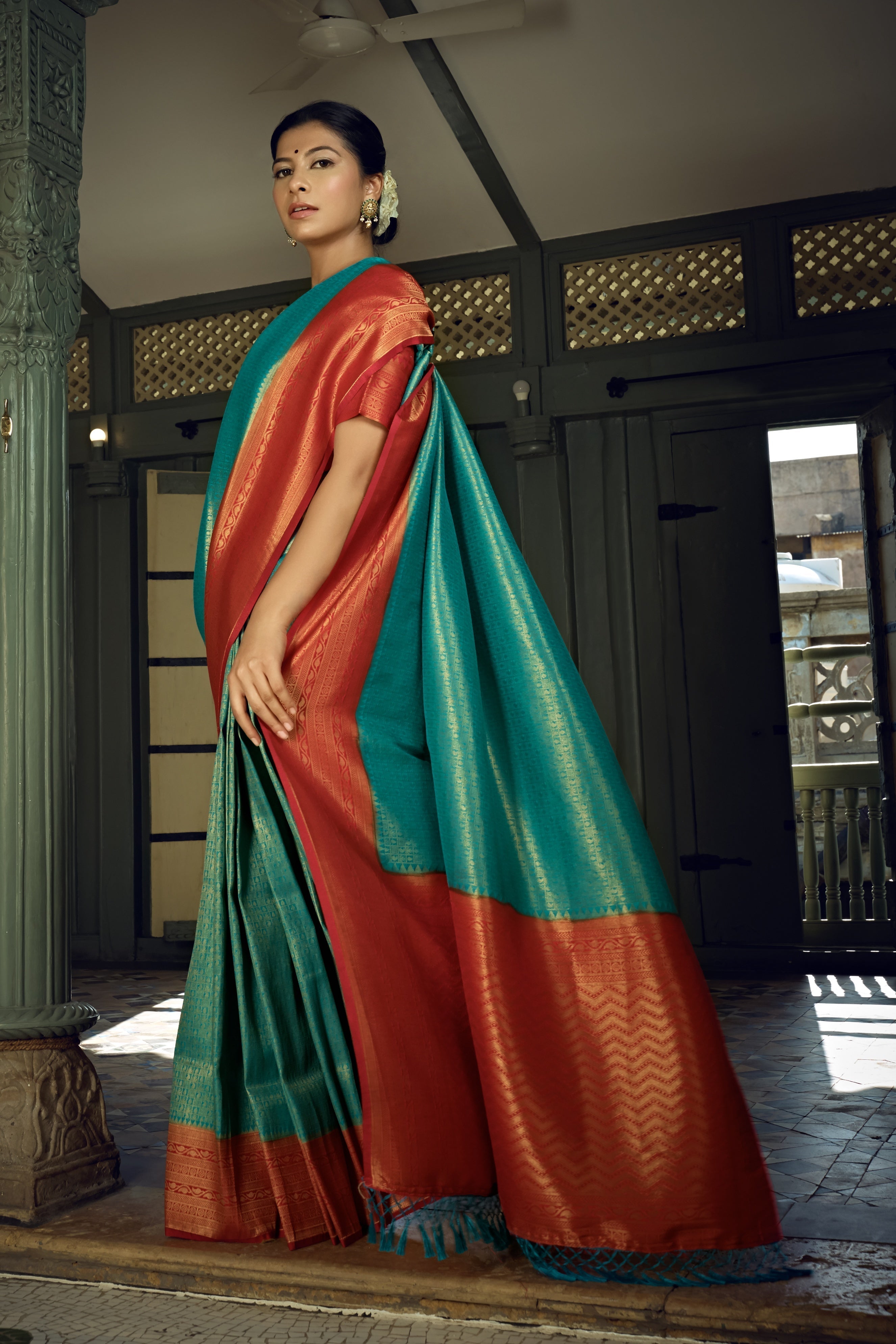 Vardha Beautiful Turquoise Blue Golden Zari Kanjeevaram Silk Saree | Grocsy