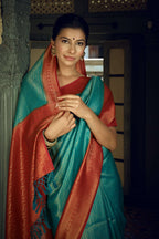 Vardha Beautiful Turquoise Blue Golden Zari Kanjeevaram Silk Saree | Grocsy