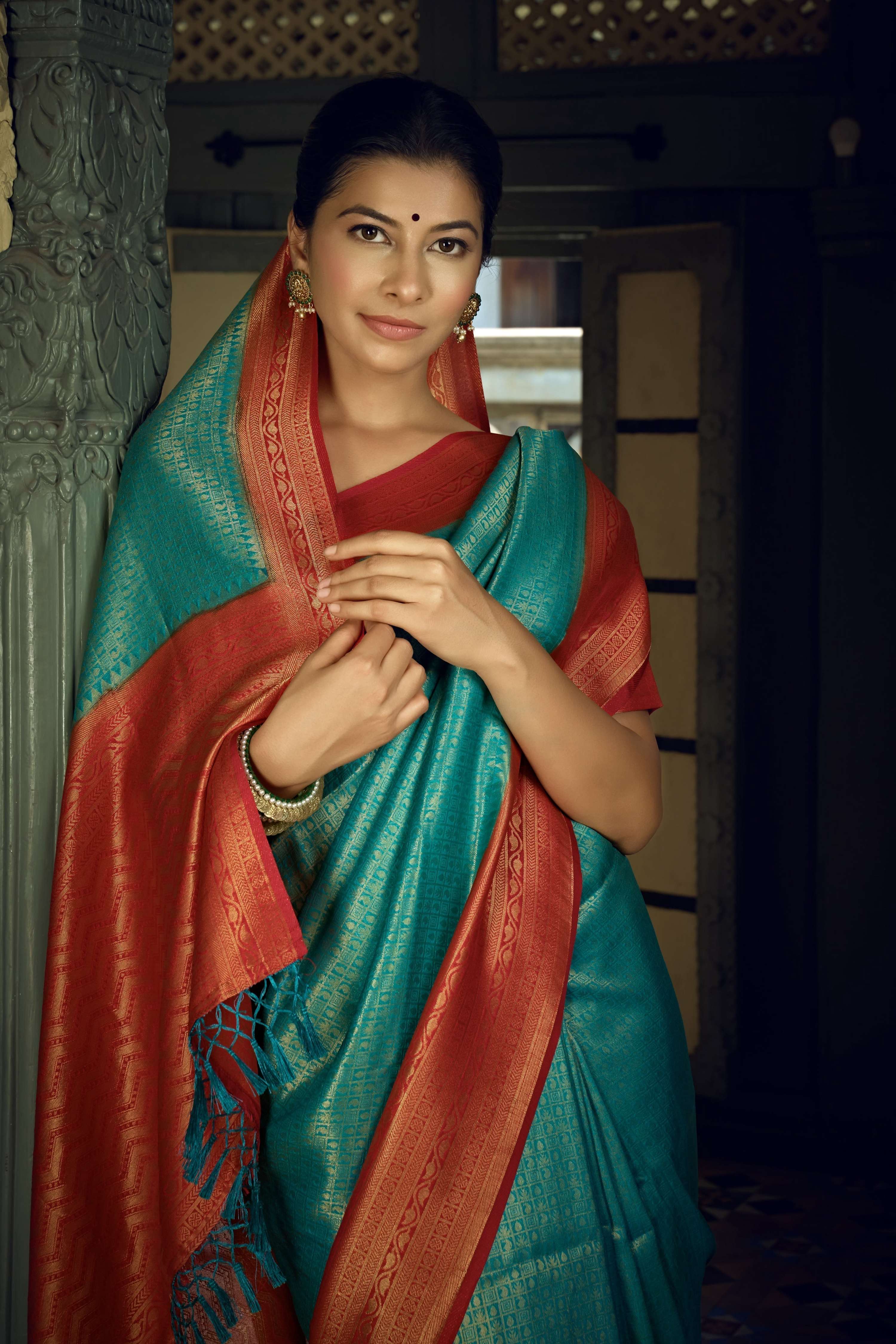 Vardha Beautiful Turquoise Blue Golden Zari Kanjeevaram Silk Saree | Grocsy