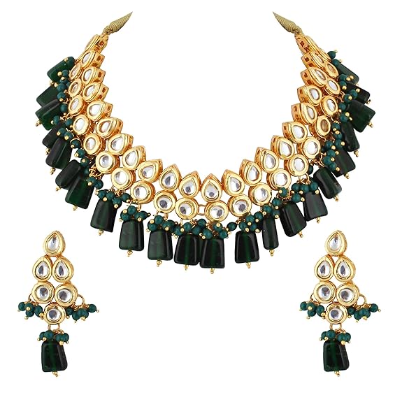 Tehzeeb Creations Back Meenakari Gold-Polished Tika Earring Combo Uncut Big Faux Kundan Choker Necklace set | Grocsy