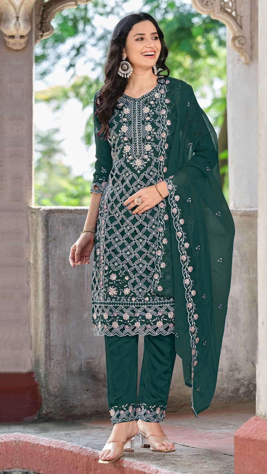 Anaita Green Chiffon Suit With Embroidered Sequence Work | Grocsy