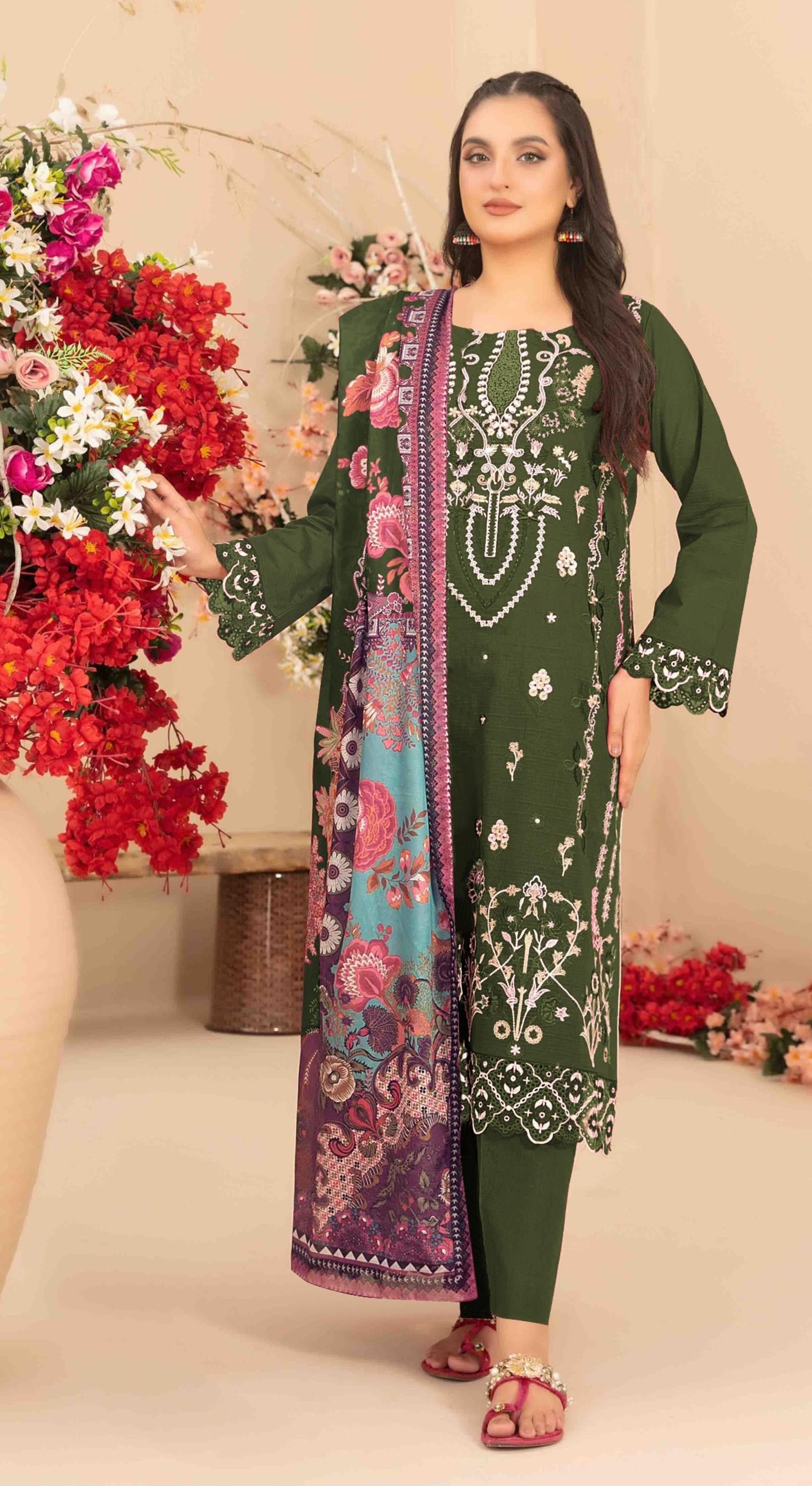 Anaita Mehendi Cambric Cotton Suit With Embroidered & Khatli Work | Grocsy