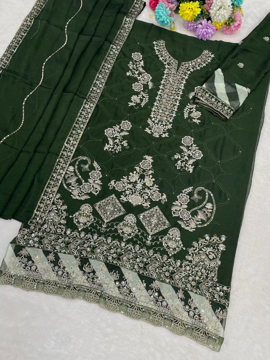 Anaita D Green Rangoli Silk Suit with Embroidery & Sequence Work | Grocsy