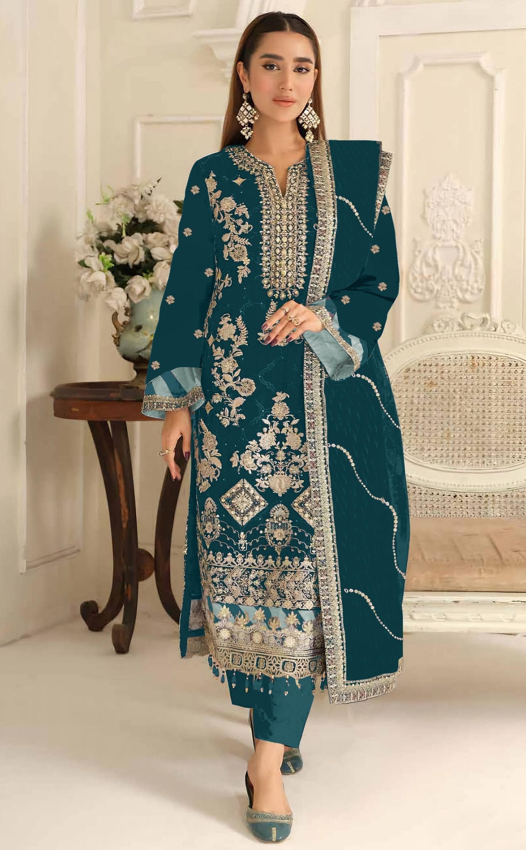 Anaita T Blue Rangoli Silk Suit with Embroidery & Sequence Work | Grocsy