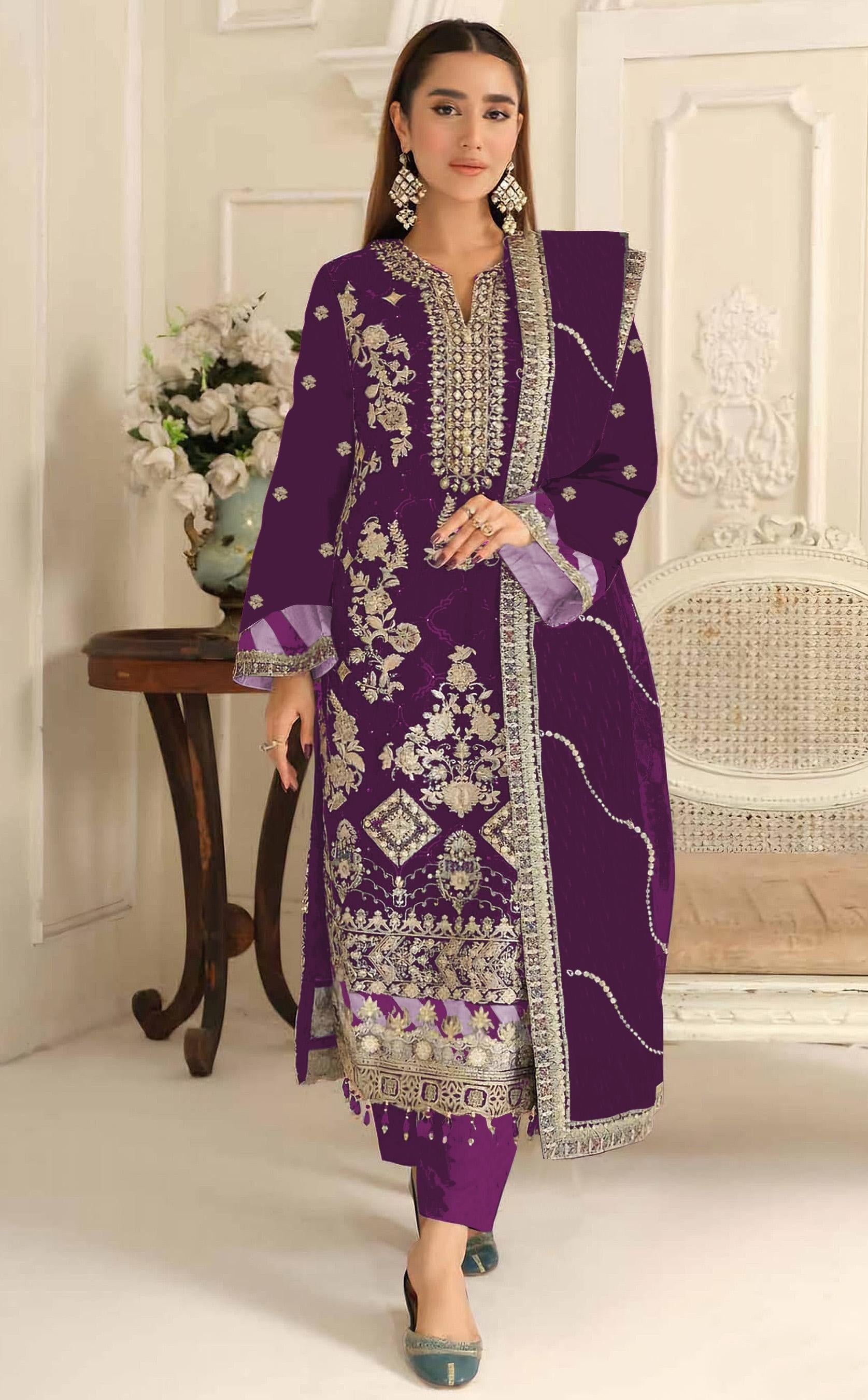 Anaita Purple Rangoli Silk Suit with Embroidery & Sequence Work | Grocsy