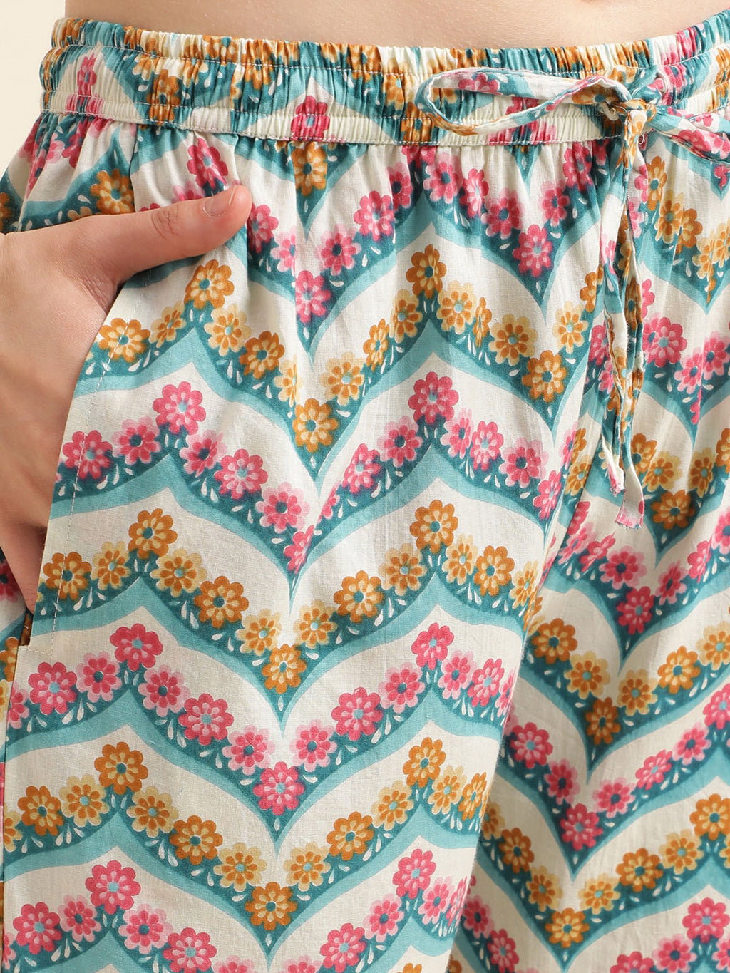 Sangria Beige & Blue Floral Printed Pure Cotton Kurta & Trouser With Dupatta | Grocsy