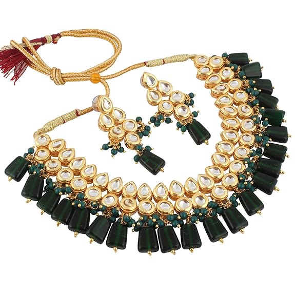 Tehzeeb Creations Back Meenakari Gold-Polished Tika Earring Combo Uncut Big Faux Kundan Choker Necklace set | Grocsy