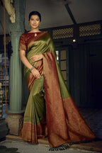 Vardha Emerald Green Golden Zari Kanjeevaram Silk Saree | Grocsy