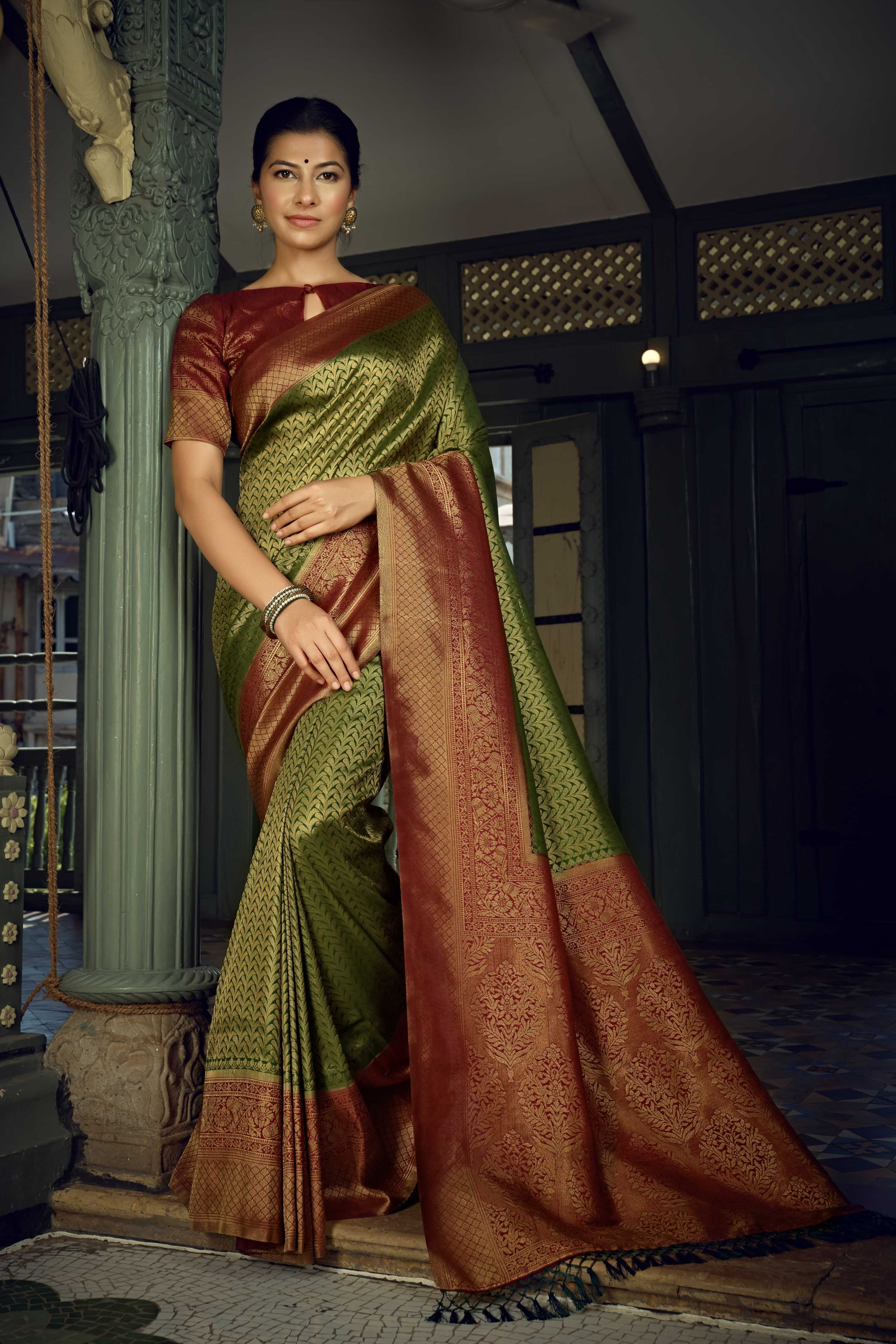 Vardha Emerald Green Golden Zari Kanjeevaram Silk Saree | Grocsy