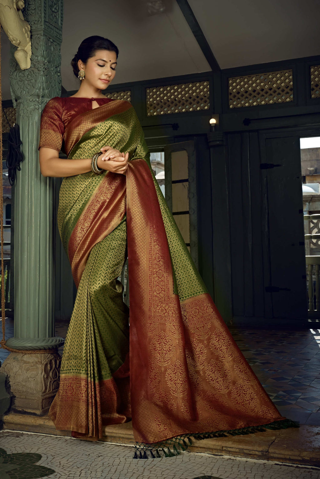 Vardha Emerald Green Golden Zari Kanjeevaram Silk Saree | Grocsy