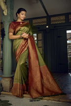 Vardha Emerald Green Golden Zari Kanjeevaram Silk Saree | Grocsy