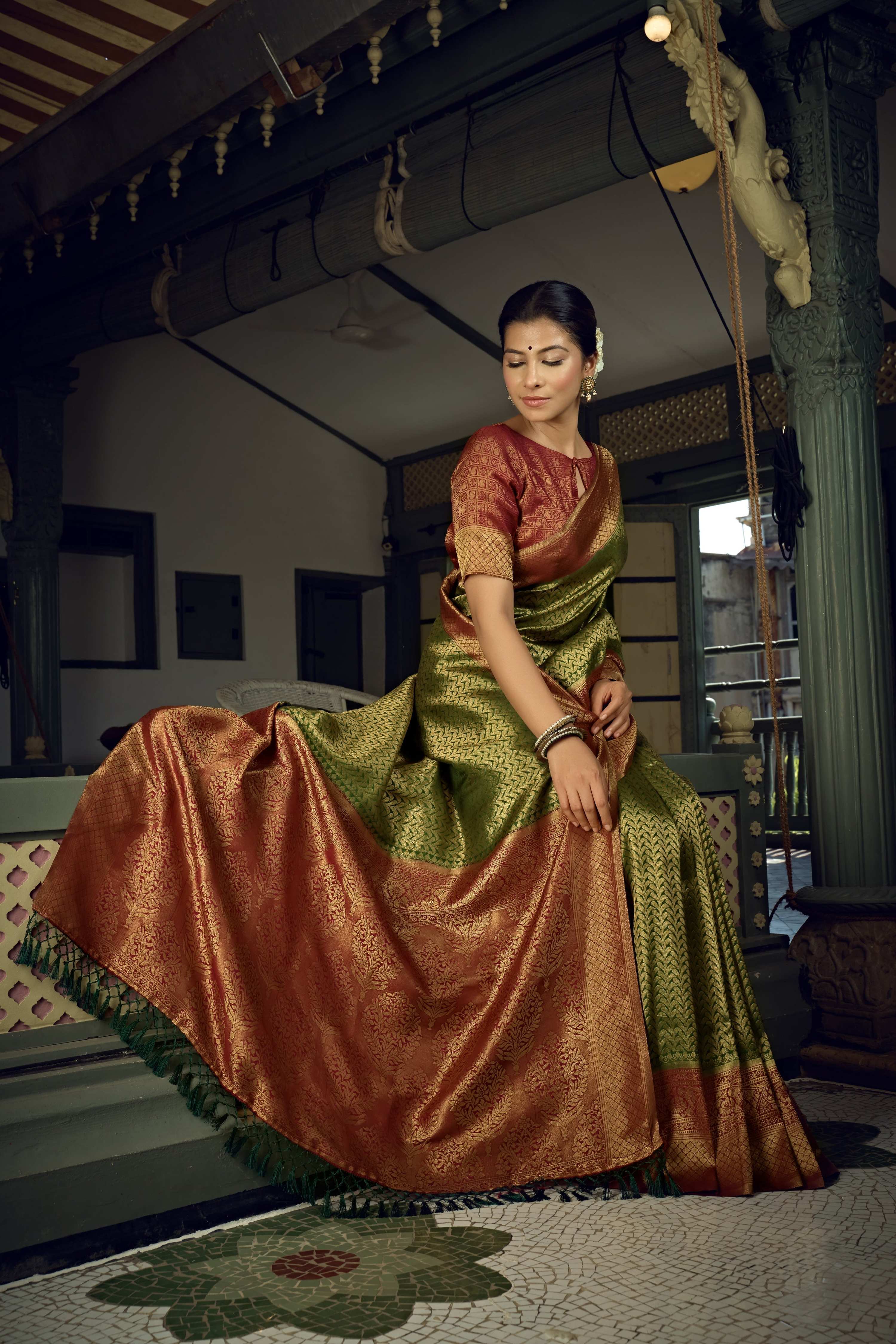 Vardha Emerald Green Golden Zari Kanjeevaram Silk Saree | Grocsy