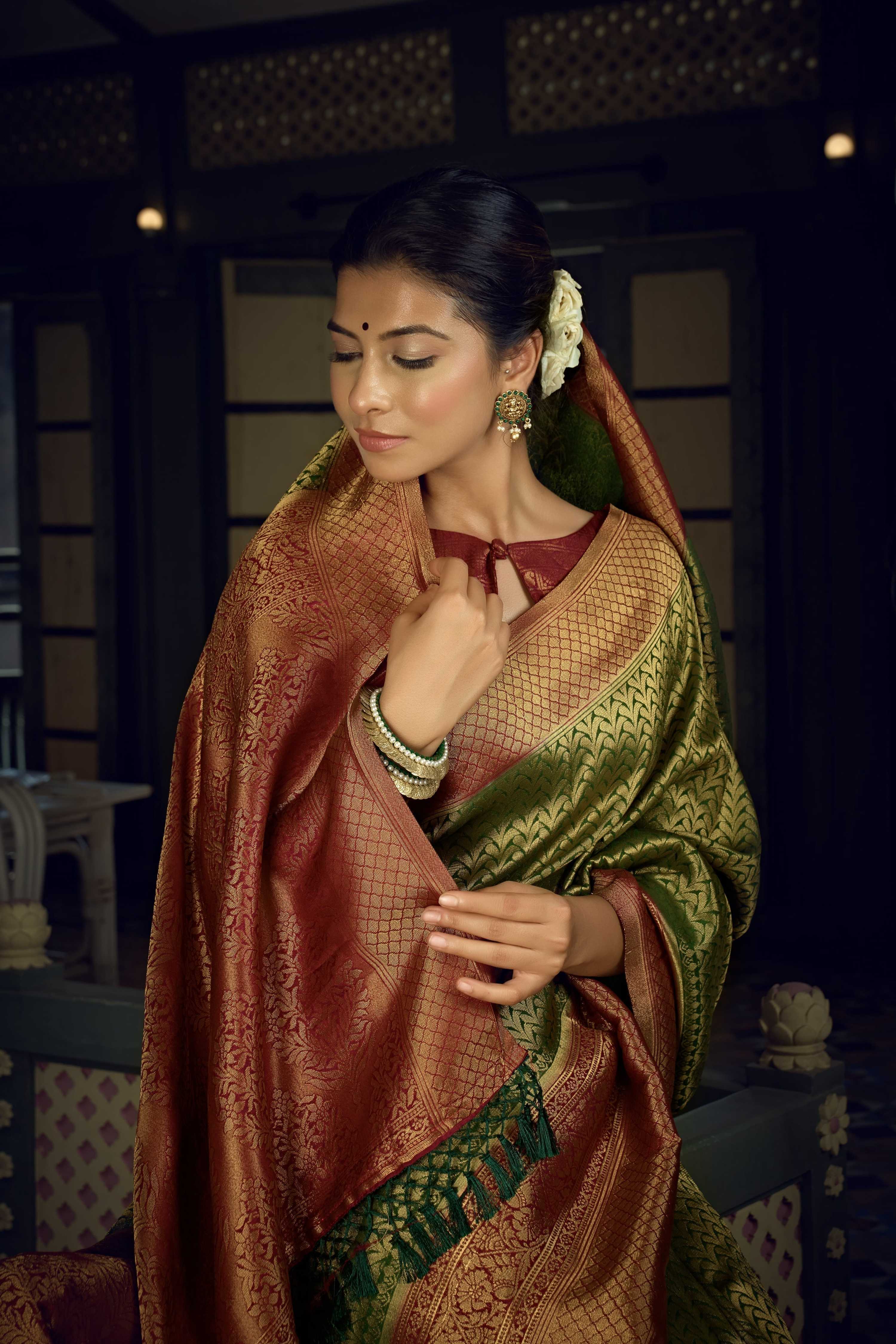 Vardha Emerald Green Golden Zari Kanjeevaram Silk Saree | Grocsy