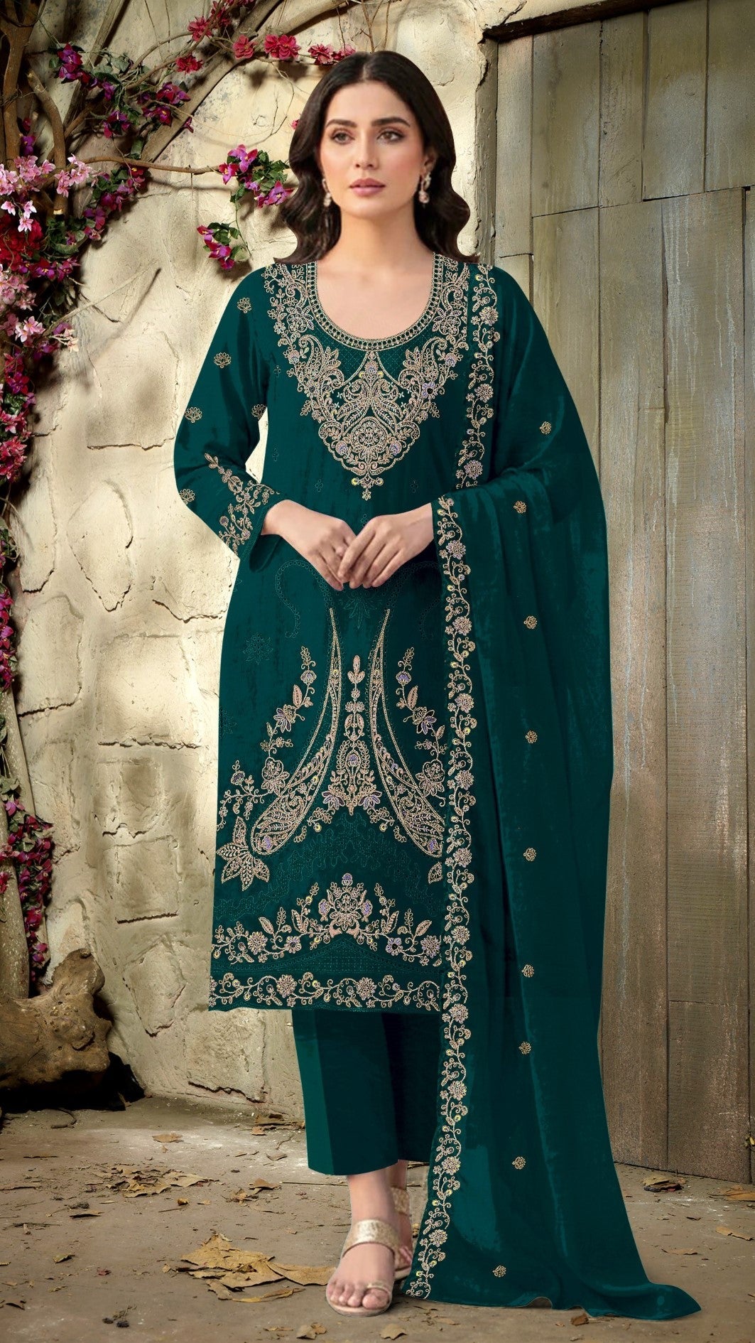 Anaita Dark Green Velvet Suit With Embroidery Codding Work | Grocsy