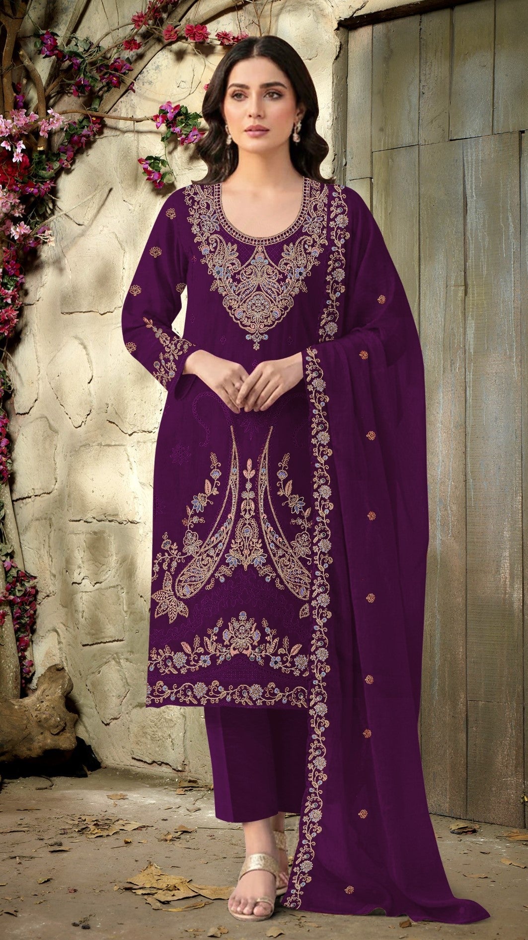 Anaita Maroon Velvet Suit With Embroidery Codding Work | Grocsy