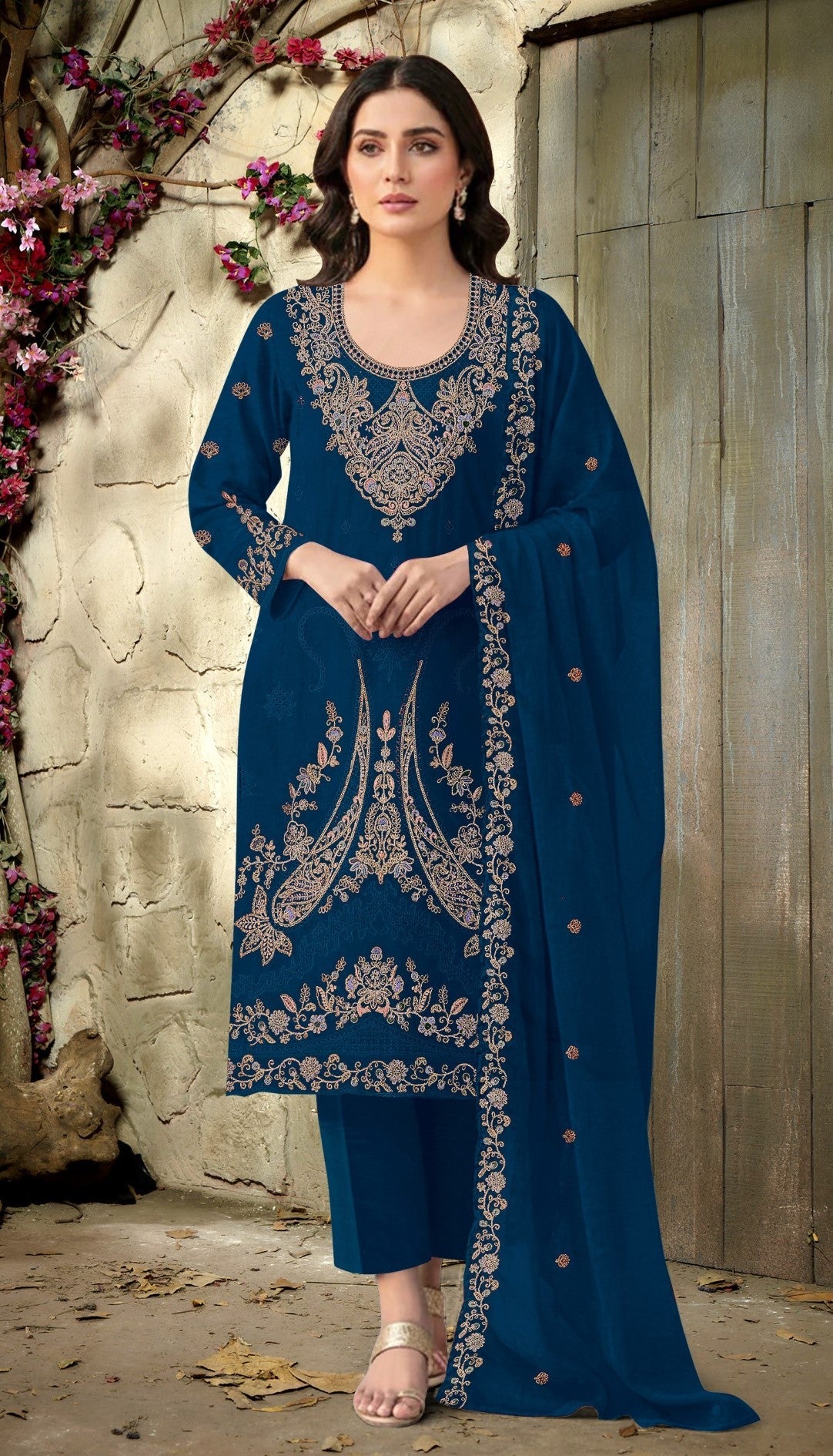 Anaita Teal Blue Velvet Suit With Embroidery Codding Work | Grocsy