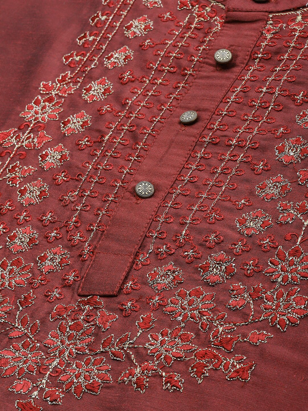 House of Pataudi Men Maroon Floral Yoke Design Jashn Kurta | Grocsy