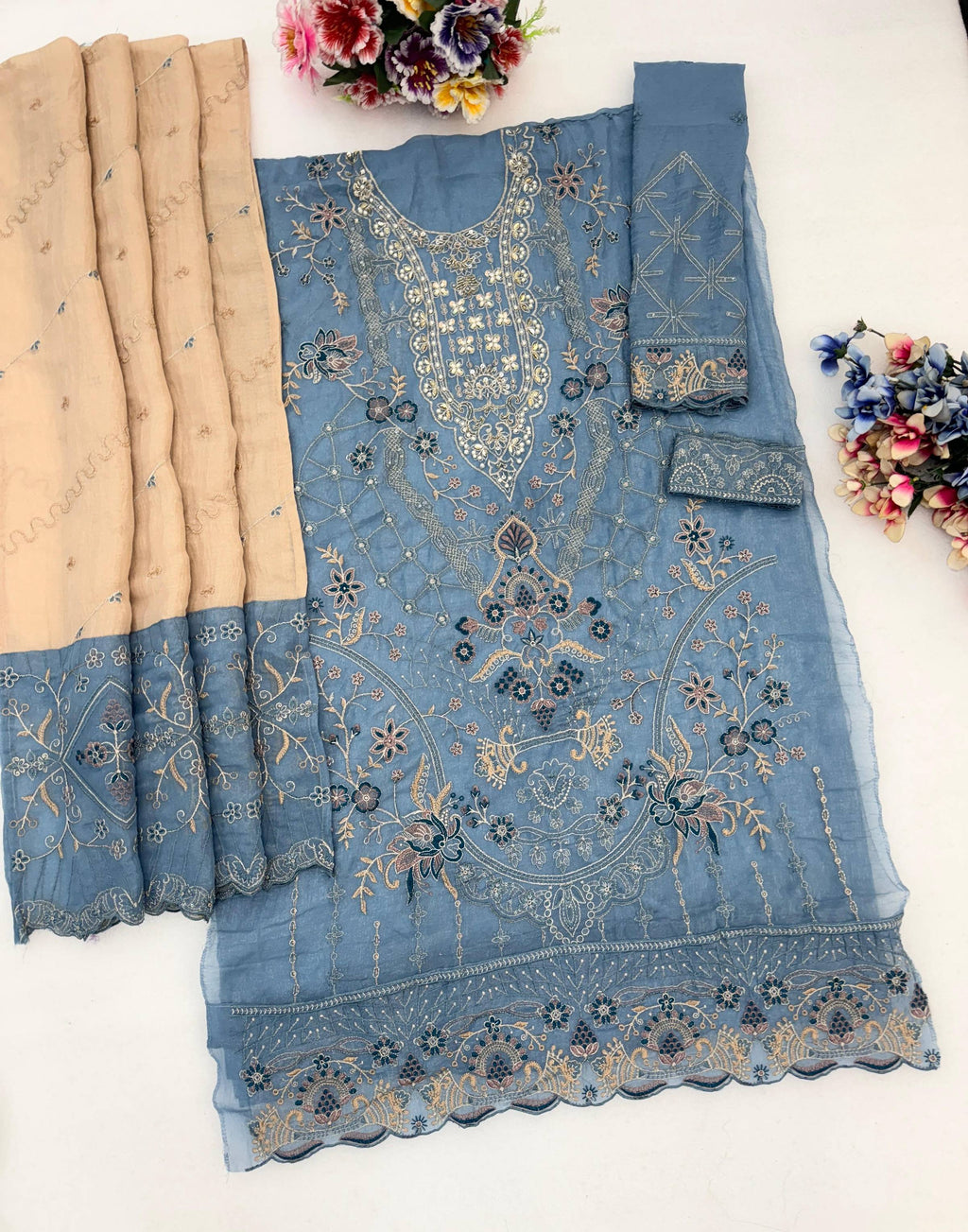Anaita Blue Silk Suit With Embroidery & Sequence Work | Grocsy