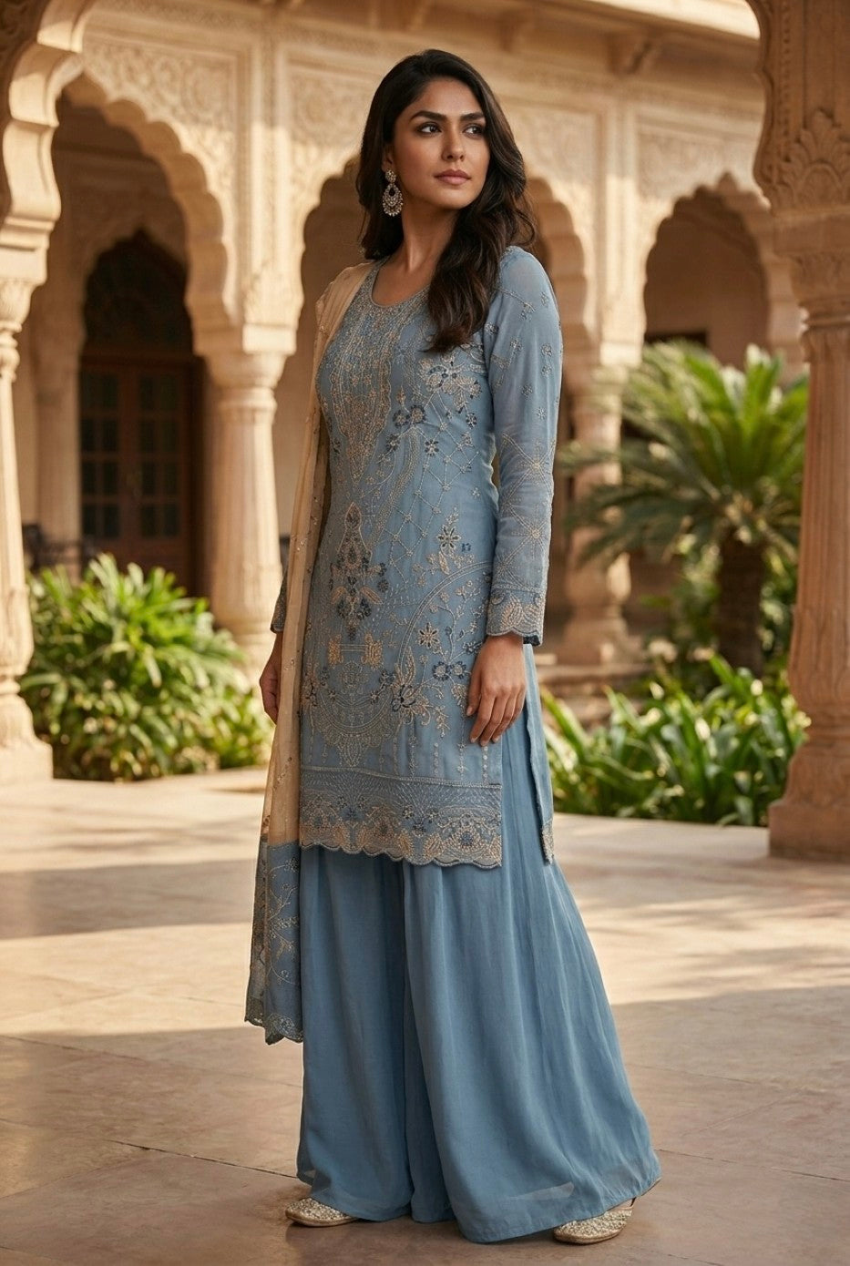 Anaita Blue Silk Suit with Embroidery & Khatli Work | Grocsy