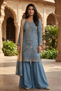 Anaita Blue Silk Suit with Embroidery & Khatli Work | Grocsy