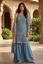Anaita Blue Silk Suit with Embroidery & Khatli Work | Grocsy