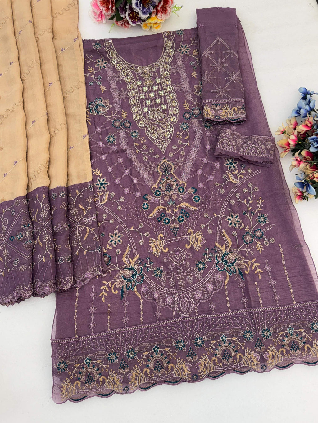 Anaita Purple Silk Suit With Embroidery & Sequence Work | Grocsy