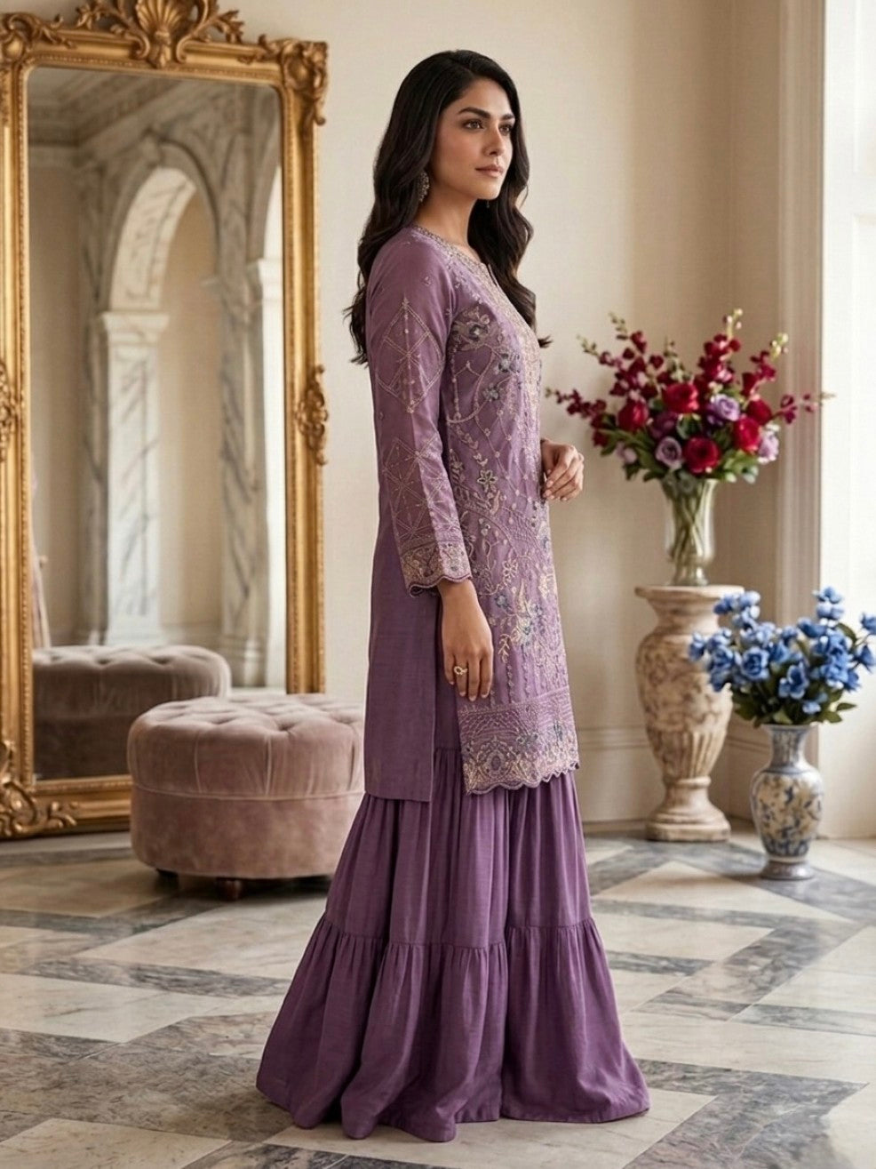 Anaita Purple Silk Suit with Embroidery & Khatli Work | Grocsy