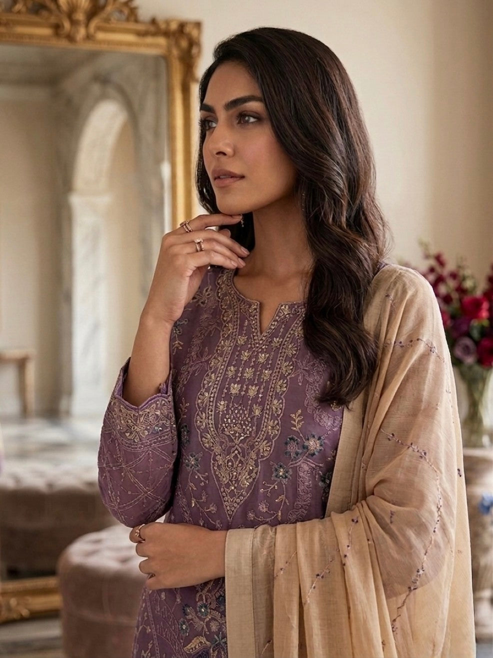 Anaita Purple Silk Suit with Embroidery & Khatli Work | Grocsy