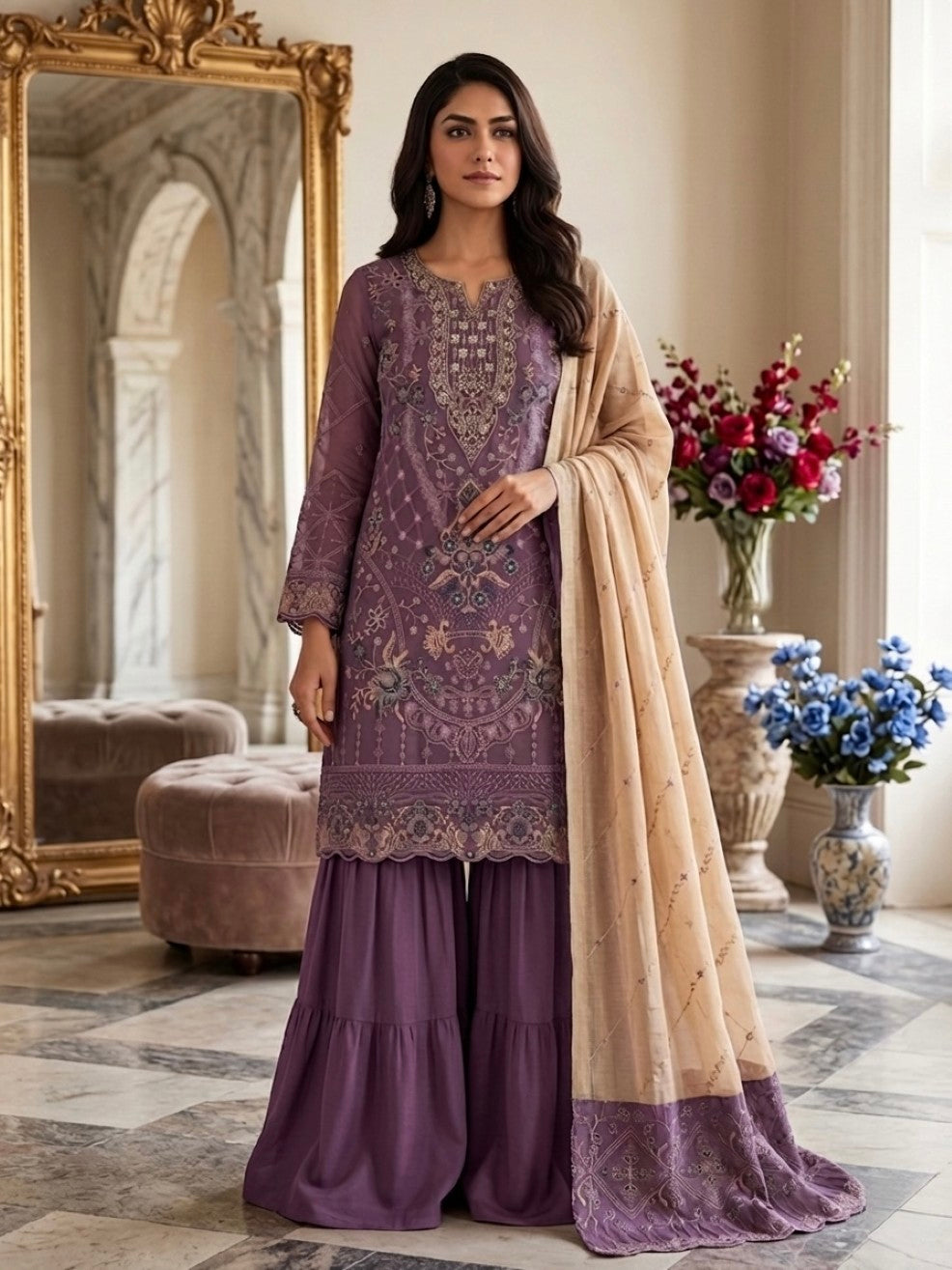 Anaita Purple Silk Suit with Embroidery & Khatli Work | Grocsy