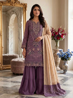Anaita Purple Silk Suit with Embroidery & Khatli Work | Grocsy