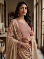 Anaita Peach Silk Suit with Embroidery & Khatli Work | Grocsy