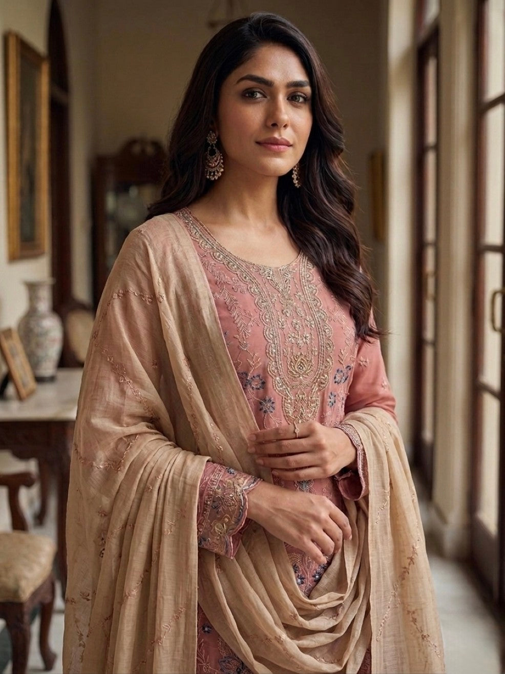 Anaita Peach Silk Suit with Embroidery & Khatli Work | Grocsy