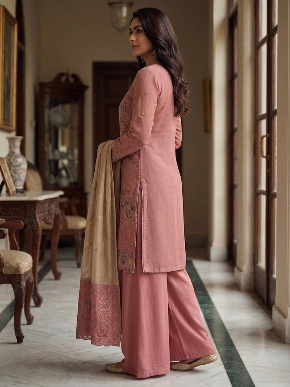 Anaita Peach Silk Suit with Embroidery & Khatli Work | Grocsy