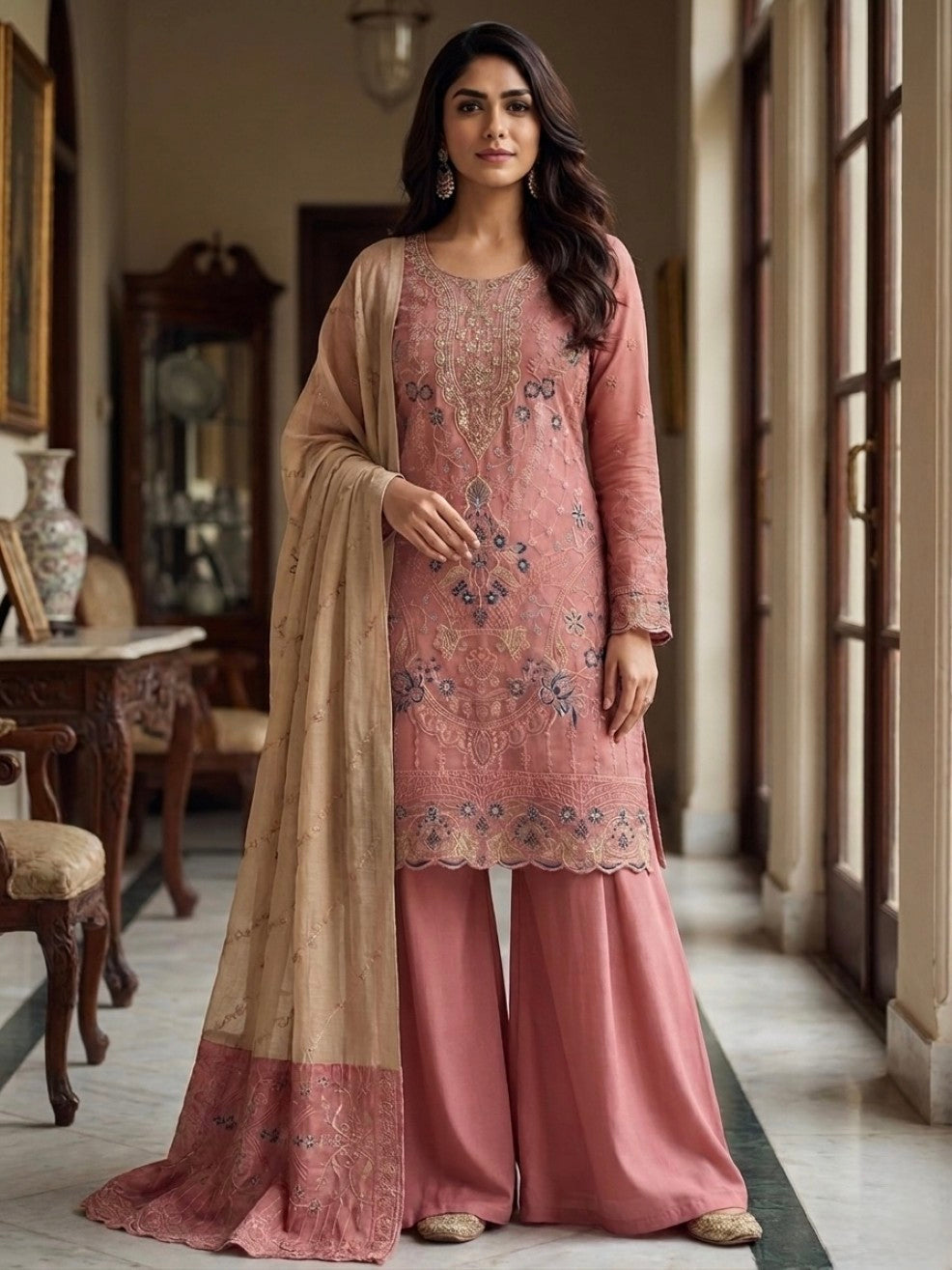 Anaita Peach Silk Suit with Embroidery & Khatli Work | Grocsy