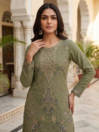 Anaita Mehendi Silk Suit with Embroidery & Khatli Work | Grocsy