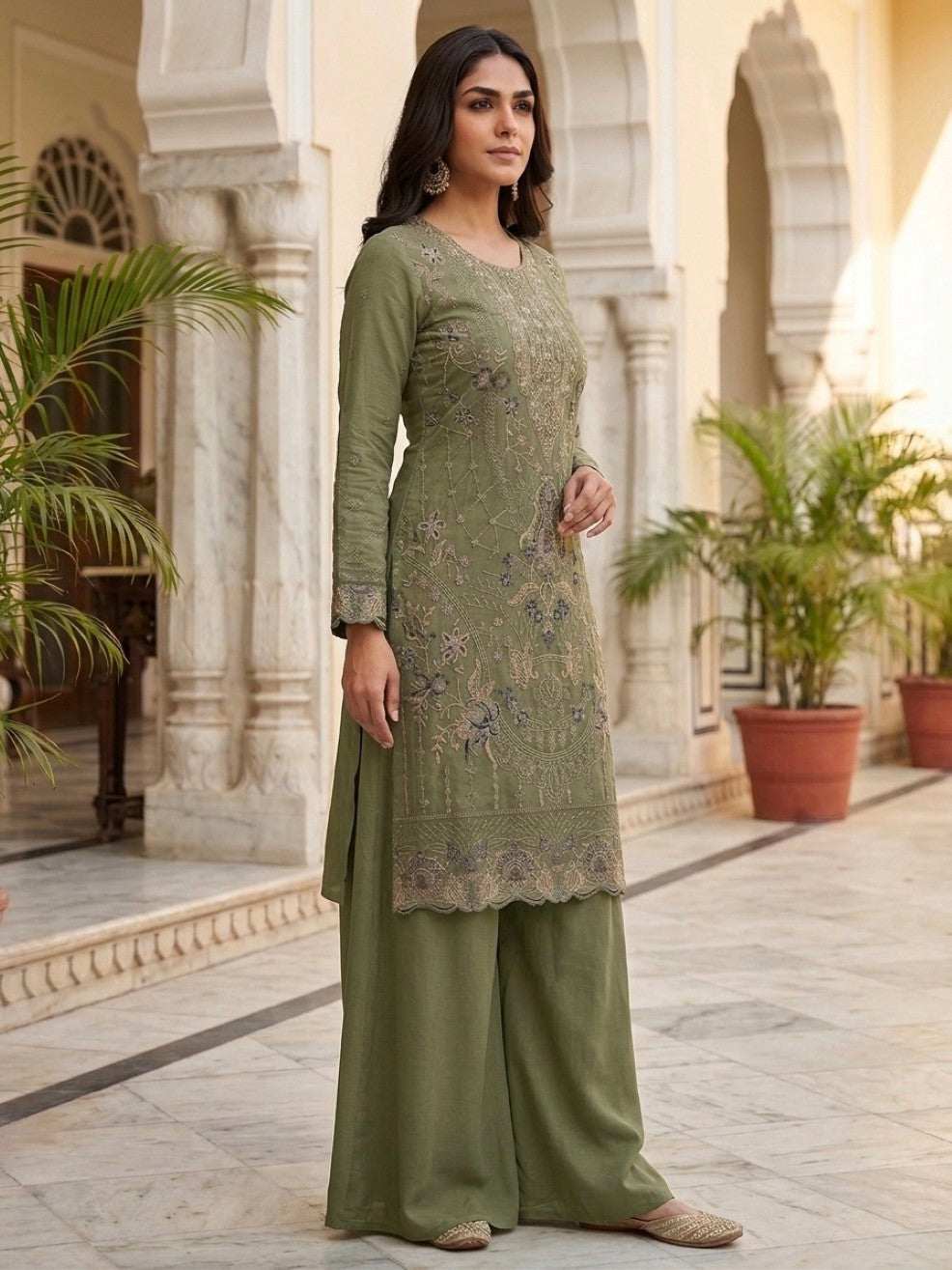 Anaita Mehendi Silk Suit with Embroidery & Khatli Work | Grocsy