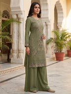 Anaita Mehendi Silk Suit with Embroidery & Khatli Work | Grocsy