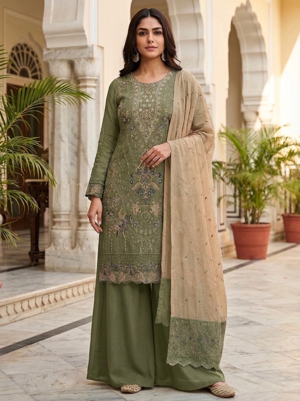 Anaita Mehendi Silk Suit with Embroidery & Khatli Work | Grocsy