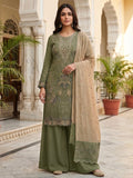 Anaita Mehendi Silk Suit with Embroidery & Khatli Work | Grocsy