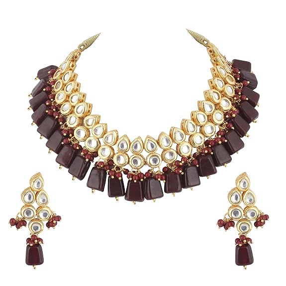 Tehzeeb Creations Back Meenakari Gold-Polished Tika Earring Combo Uncut Big Faux Kundan Choker Necklace set | Grocsy
